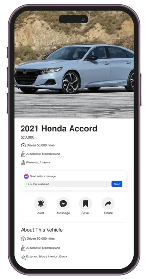 Phone showing a Facebook vehicle listing for a 2021 Honda Accord posted by Bolster