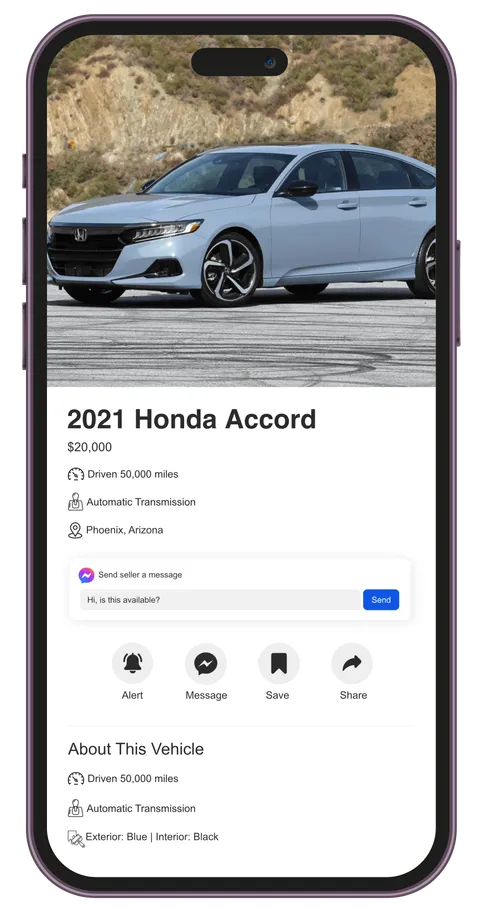 Phone showing a Facebook vehicle listing for a 2021 Honda Accord posted by Bolster